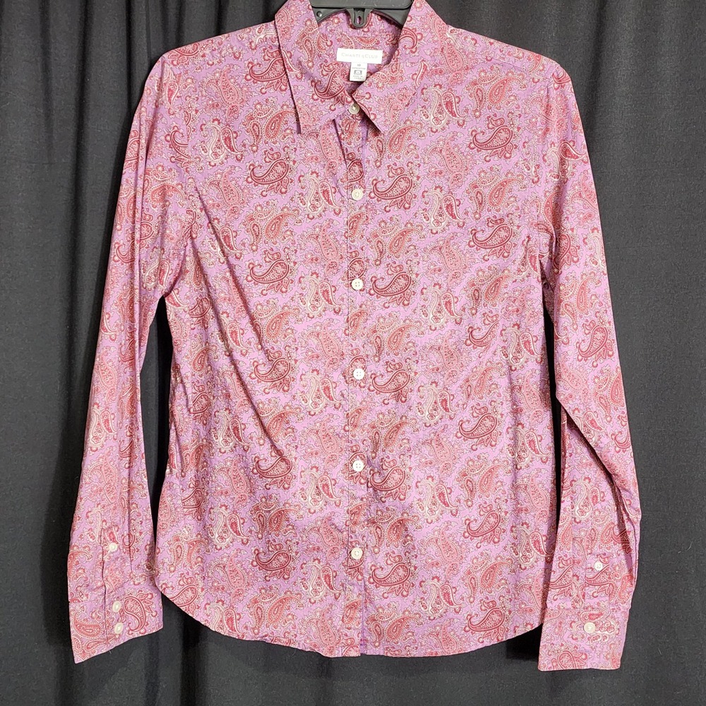 Womens Pink Purple Paisley Cotton Button Down Shirt Blouse Size 10
